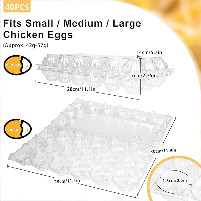 40-Pack Egg Cartons (18 Count) - Clear Plastic Egg Holder for Fresh Chicken Eggs - Reusable 3x6 Gird Egg Container with Secure Snap for Farmers Market & Transport - Fits Small to Large Eggs