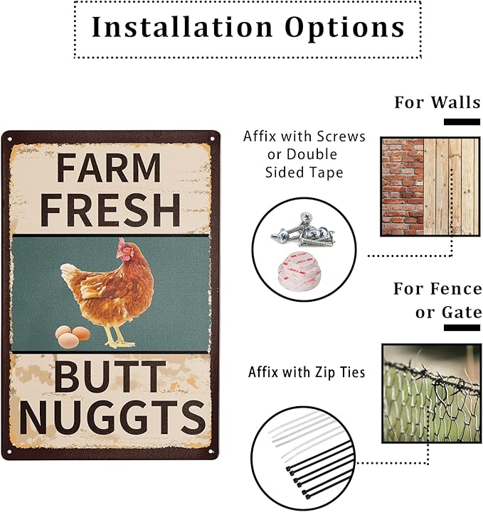 Vintage Metal Tin Sign Chicken Coop Signs for Farm Fresh Butt Nuggets Sign Funny Chicken Egg Sale Outdoor Decorative Wall Art Signage Rustic Primitive Farmhouse Country Yard Market Decor 8”x12”