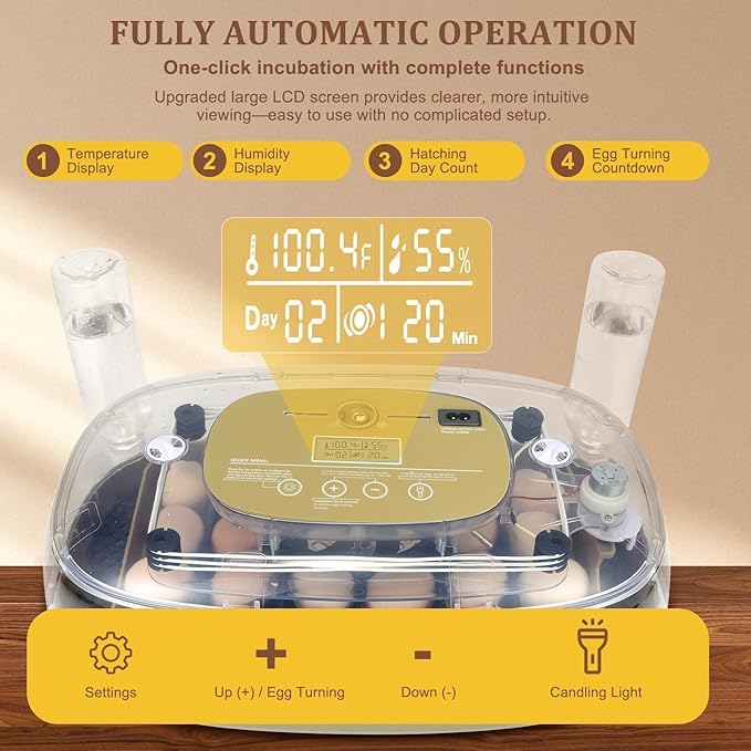 Series III - 24 Egg Automatic Incubator, Full-Stage Adaptive Humidity (Dual-Bottle) & Auto Temp Control, Custom-Interval Auto Turn & Auto Stop, Preset Incubation Days, Adjustable Egg Spacing, Candler