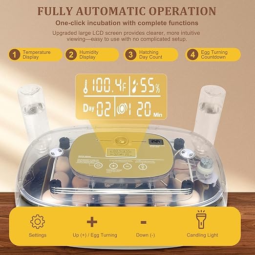 3rd Gen - 24 Egg Automatic Incubator, Stage-Based Adaptive Humidity with Auto-Refill, Stable Temp Control, Flexible Spacing, Adjustable Auto Turning & Lockdown, Custom Incubation Days, Candler, Alarm