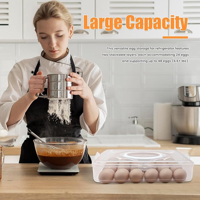 2-Layer Egg Holder for 48 Eggs,Plastic Egg Container with Handle,Deviled Egg Tray with Handle Lid,Devil Egg Holder for Refrigerator,Kitchen,Easter Day Party Containers