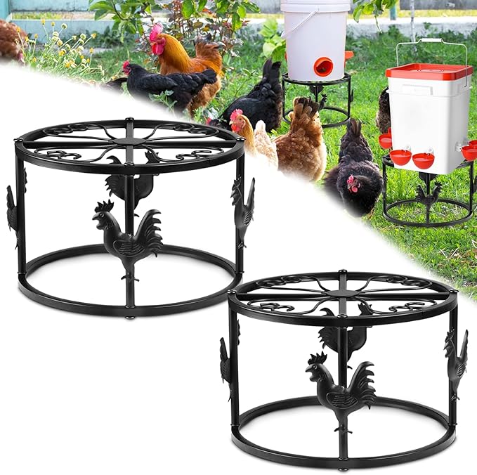 2pc Metal Stand for Chicken Feeder Waterer, Heavy Duty Chicken Water Feeder Stand Holder, Iron Chicken Feeder Buckets Barrels Stand Support Rack for Coop Poultry Indoor Outdoor (Black)