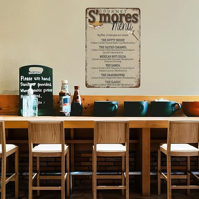 S'Mores Bar Menu,S'Mores Wedding Bar Vintage Tin Sign Camping Party Metal Sign Retro Wall Decor Gift Plaque Tin Sign For Home Cafes Pub Club Office Store,8x12 inches