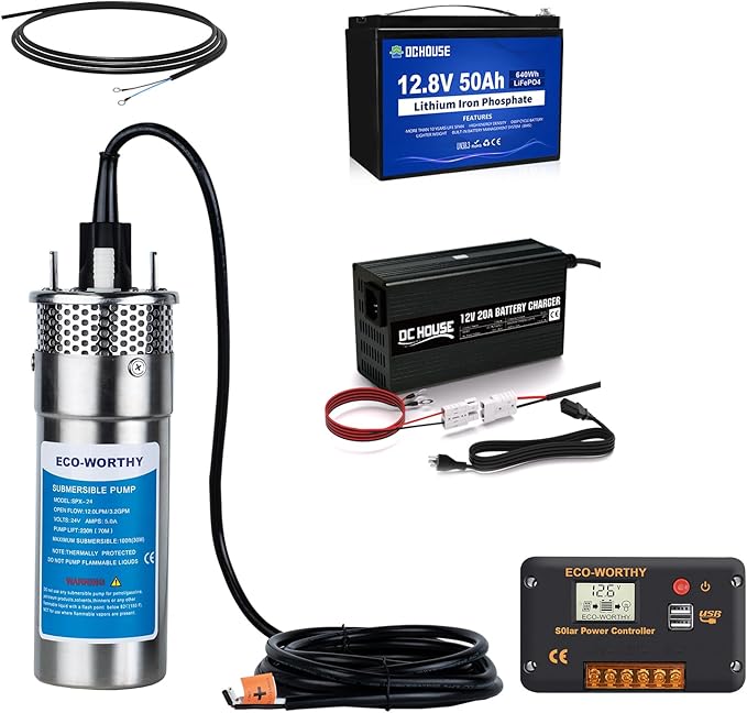 ECO-WORTHY 12V DC Stainless Steel Deep Well Pump Kit - Submersible Pump for Well, Pond, Farm, Home | 20A Battery Charger,12V 50AH Lithium Battery & Controller | Multiple Packages Delivery
