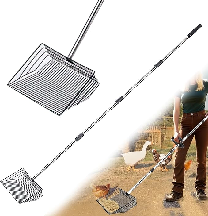 Chicken Poop Scooper: 15-Inch Large with Ergonomic Grip, 5-in-1 Heavy Duty Adjustable Coop Scoop (24 to 68 Inches), Stainless Steel Sifting Litter Shovel for Chicken Coop Cleaning
