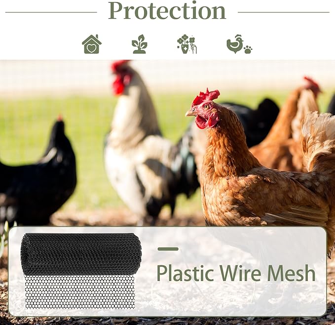 Plastic Chicken Mesh 1.3ft x 33ft (15.7" x 360") Chicken Fencing Black Chicken Mesh with Gloves Zip Ties Scissors Floral Chicken Wire Ideal for Poultry Fencing