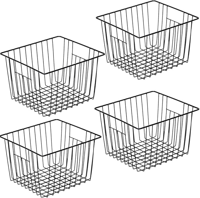 SANNO Freezer Storage Baskets, Pantry Storage Wire Basket Organizer Bins Refrigerator Bin with Built-in Handles for Cabinets, Pantry, Closets, Bedrooms - Set of 4 Black, Black,11"x 10"