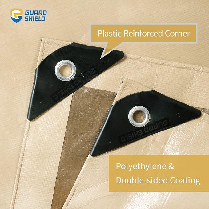 GUARD SHIELD Beige Tarp Heavy Duty Waterproof 12x20 Feet Outdoor Poly Tarps Cover Thick UV Resistant Canopy Tarpaulin with Grommets 10mil