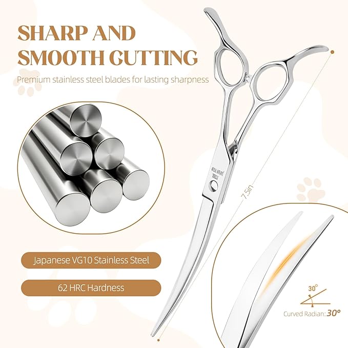 7.5 In Curved Dog Grooming Scissors, Professional Japan VG10 Steel Pet Grooming Shears, Ergonomic Reversible Handle for Face, Eyes, Paws, and Body