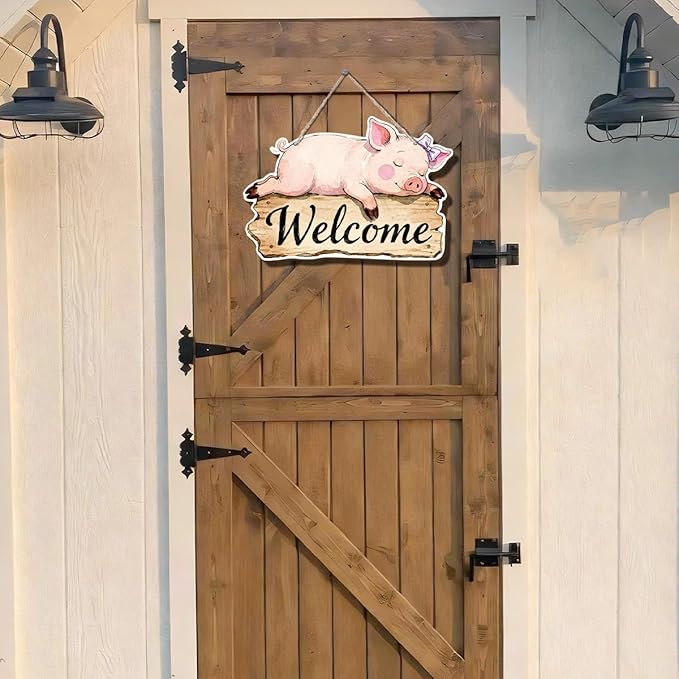 Farmhouse Wall Decor, Cute Pig Welcome Sign, Rustic Wood Hanging Plaque, Watercolor Farm Animal Wall Art Painting Style, Country Nursery or Bathroom Door Sign for Home, 11.8x8.11 Inches