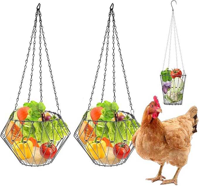 2 PCS Hanging Chicken Feeder Foldable Poultry Vegetable & Fruit Feeder Basket with Adjustable Chain, Durable Iron Wire Chicken Toys for Coop 2 Pack M