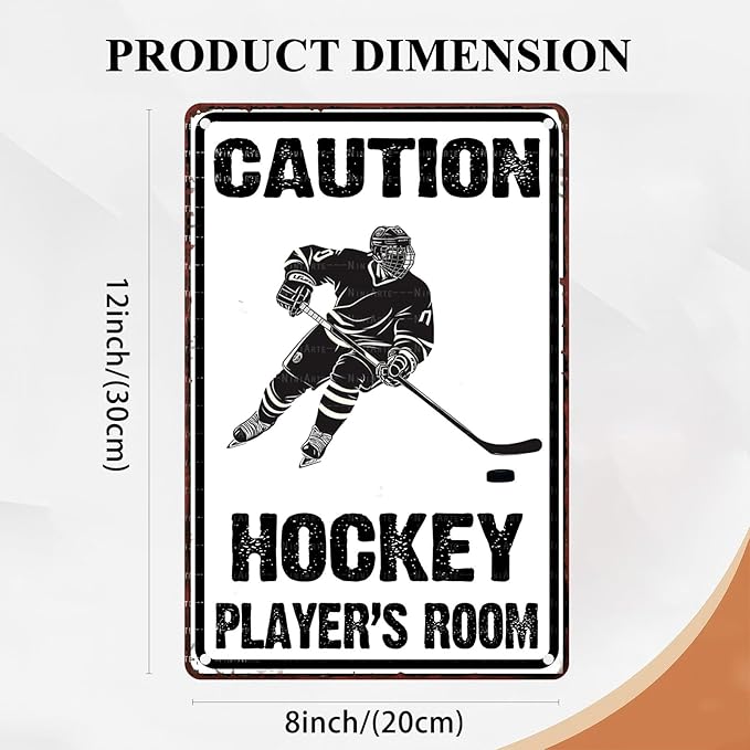 Hockey Metal Tin Sign Caution Hockey Player's Room Vintage Sign for Man Cave Decor Sports Wall Decor Hockey Party Decorations Hockey Fans Sign Front Door Sign 8X12Inch