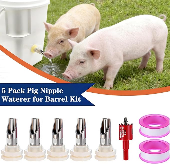 5-Pack Pig Water Nipple，Pig Nipple Waterer for Barrel Kit，Automatic Pig Nipple Drinkers Kit，Piglets Nipple Feeders ，Hog Feeder Nipple