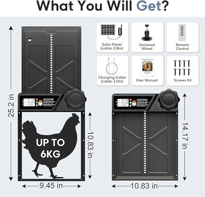 Large Size Automatic Chicken Coop Door Solar Powered Auto Chicken Door Opener, Timer Modes for Safe and Convenient Chicken Keeping with Intelligent Obstacle Sensors, Remote Control