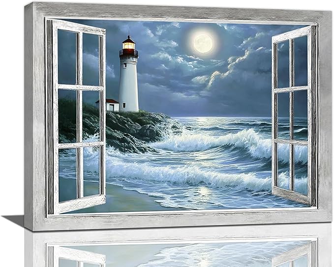 Lighthouse Nautical Wall Art Coastal Beach Pictures Wall Decor Ocean Canvas Prints Window Decorations Painting Framed Artwork Office Home Decor For Bathroom Bedroom Dining Living Room 16"x12"