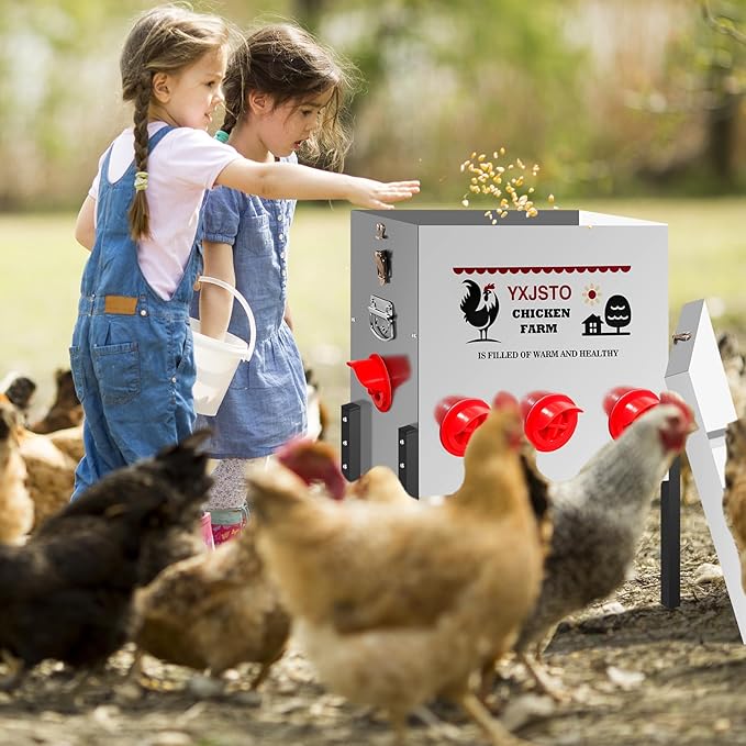 50LB Automatic Chicken Feeder with 8 Ports, Heavy Duty Metal No-Waste Poultry Feeder, Rustproof & Weatherproof Chicken Feeder with Adjustable Legs & Locking Lid