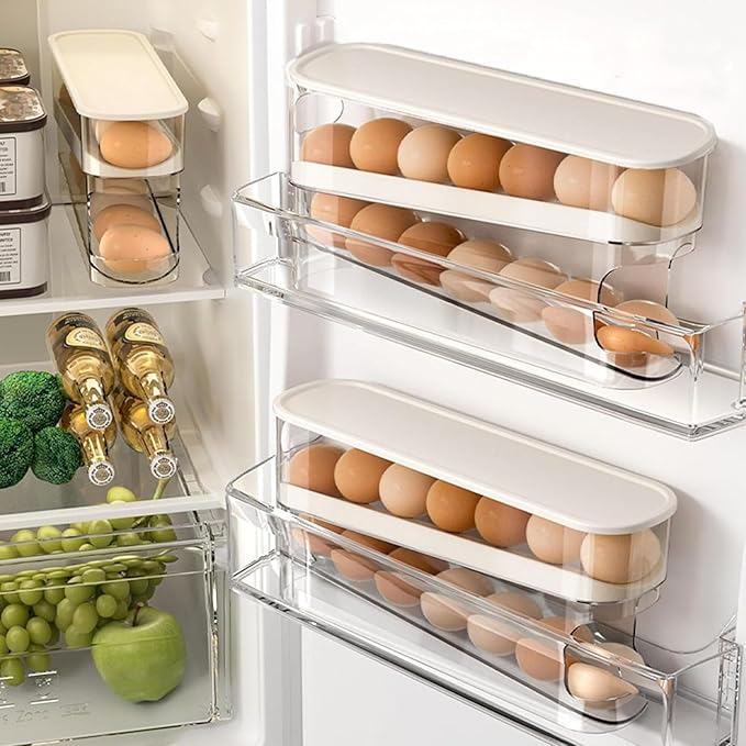 Auto Rolling Egg Holder for Fridge, Space Saving Eggs Dispenser, Sturdy and Durable Egg Traywith Lid, Stackable Fridge Container and Storage for 14 Large Eggs(2PCS)