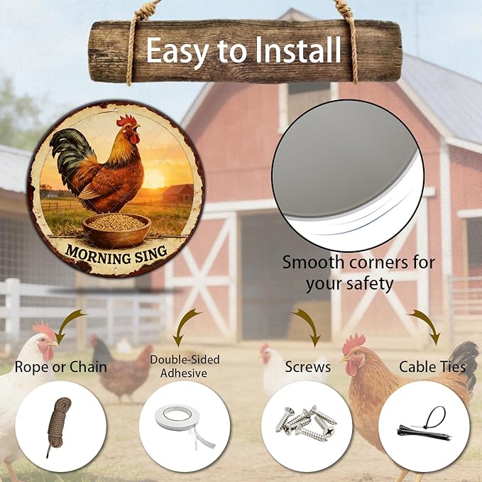 Chicken Signs Rooster Kitchen Round Wall Decor Morning Sing Metal Tin Sign Funny Chicken Coop Accessories Rooster Decor Home Garden Farm Yard Office 12 Inch