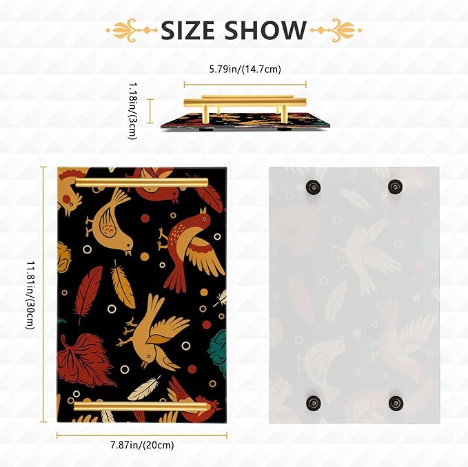Bathroom Vanity Tray Counter Organizer, Autumn Birds and Leaves Pattern Decorative Tray with Handles Countertop Storage for Bathroom Bedroom Kitchen Home Farmhouse