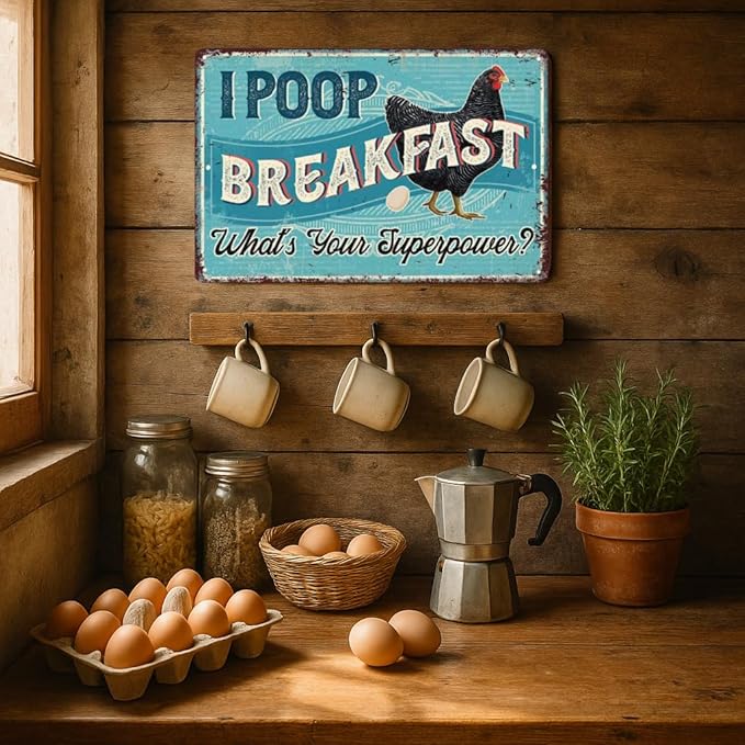 Funny Chicken Coop Signs,I Poop Breakfast Funny Farm,Vintage Metal Chicken Decor For Home Farm Yard Garden Kitchen Outdoor 8" x 12", Retro Turquoise Tin Signs