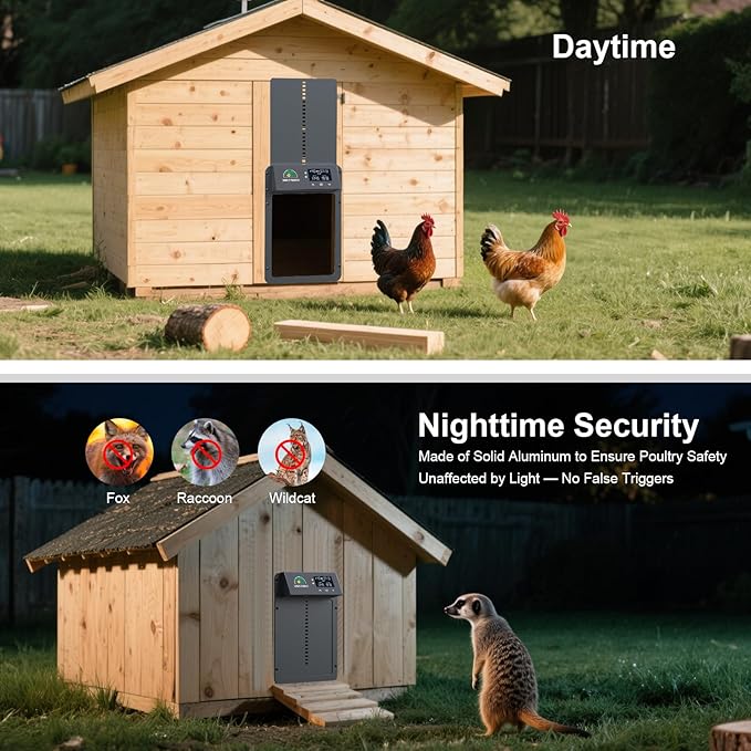 Automatic Chicken Door with Light Sensor & Timer, Solar Chicken Coop Door with Multiple Modes & USB-C Charging, Auto Chicken Coop Door with LCD Display
