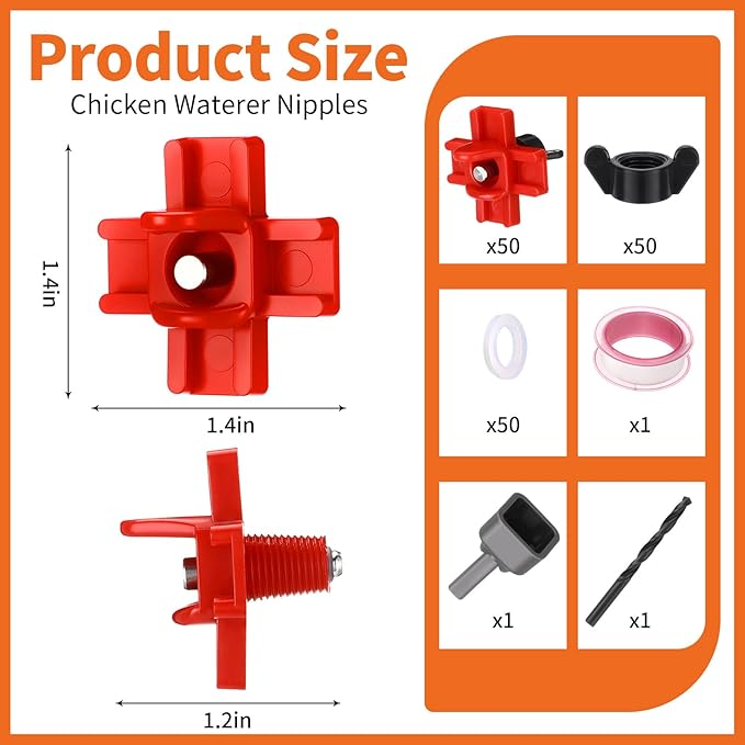 LemonRoad 50 Pack Horizontal Chicken Nipples Horizontal Poultry Automatic Waterer Nipples Chicken Water Feeder with 50 Pcs Ring Gaskets, 50 Pcs Wing Nuts and Drill Bit for Bucket Ducks Quail(Red)