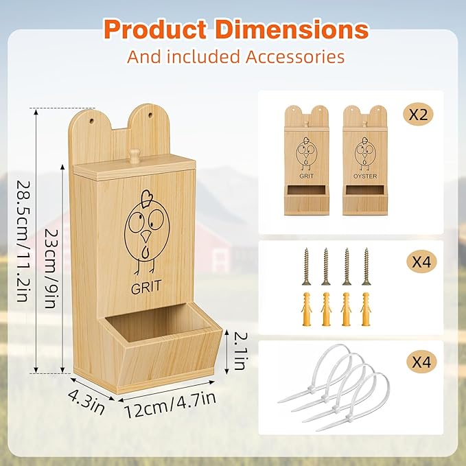 2Pack Chicken Grit Feeder, Wooden Oyster Shell with Magnetic Lid and Drain Holes, Hanging Gravity Chicken Grit Feeder, Coop Accessories for Hens and Chicks