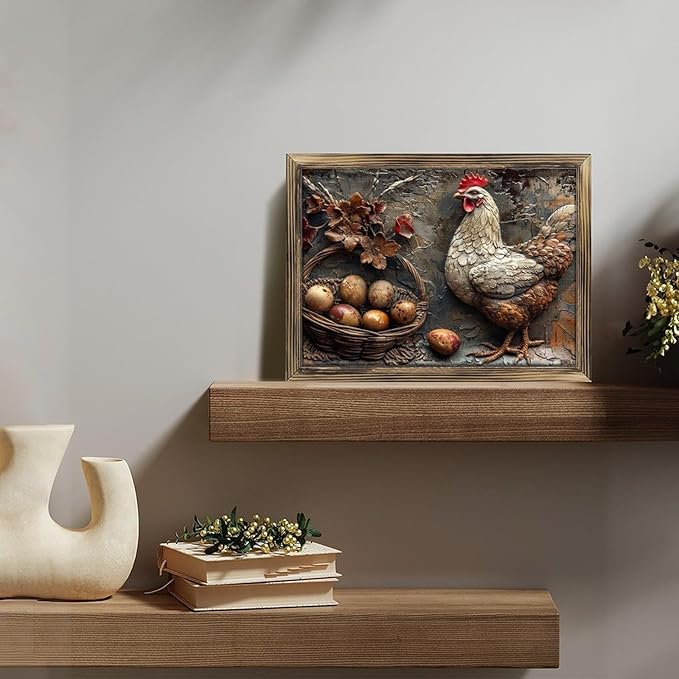 Rustic Long Wooden Framed Art Rustic Hen Eggs Basket Flowers Texture Farmhouse Style Wall Decor Sign for Tabletop Or Hanging - Durable Handcrafted Wood Print - Home & Office Decoration