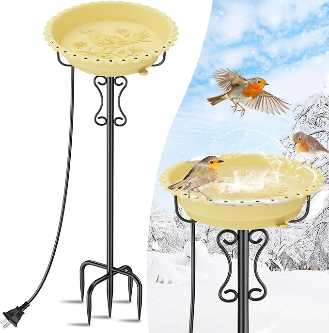 Heated Bird Bath for Outside Winter,100W Thermostat Control Birdbath Bowl with Metal 5-Prong Base,Freestanding Heated Bird Baths for Outdoors Garden Patio Yard Lawn (Beige)