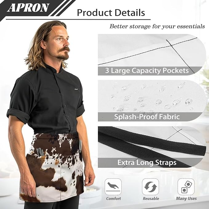 Waistress Apron with Pockets Coffee Waiter Apron Long String Chef Half Aprons for Cooking Kitchen Hairdresser