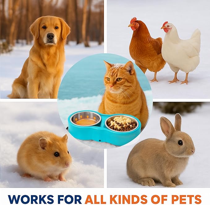 Heated Water Bowl, Double Stainless Steel Heated Dog Bowl for Outdoor Use, 46 OZ Total & Chew Proof Cord, Winter Warm Water & Food Bowl for Pets Bird Chicken UL Certified