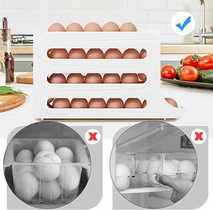 Egg Holder for Fridge, 4 Tiers Dispenser, 30 Egg Container Refrigerator, Large Capacity Organizer Automatic Fridge Rolling Egg Container for Pantry Countertop (White)
