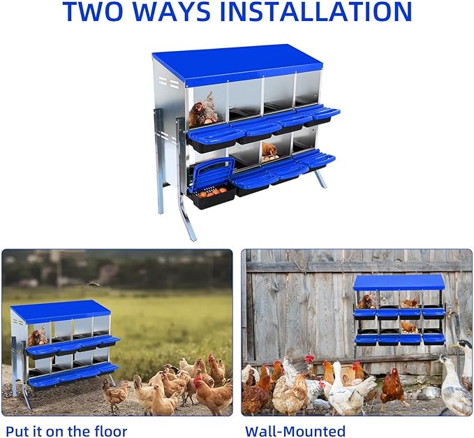 [8-Pack] Chicken Nest Box for Hens - Galvanized Steel Wall-Mounted or Freestanding Chicken Nest with Ventilation Holes - Poultry Nest Box with Legs for Egg Laying (Blue)