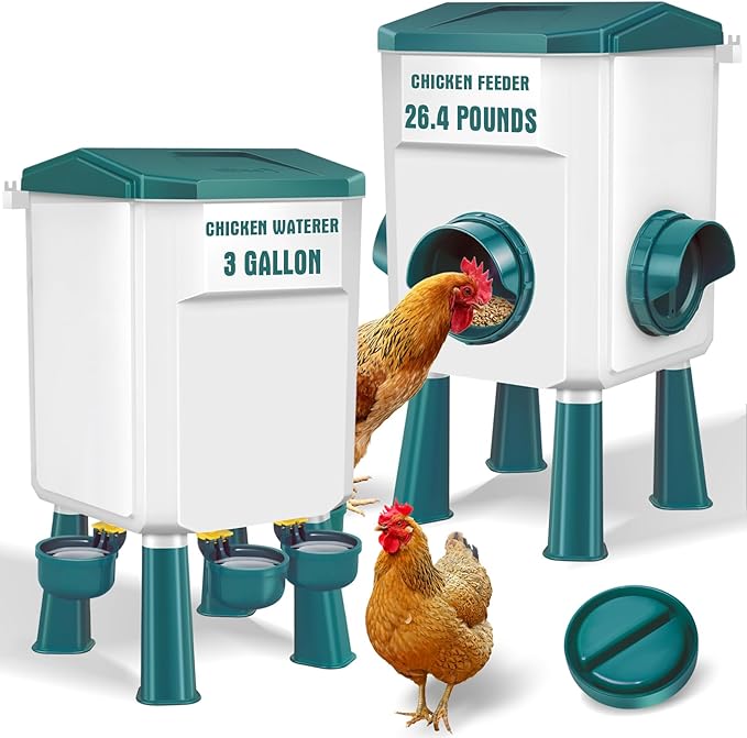 Chicken Feeder and Waterer Set with 3 Gallon/26.4 Pounds, Automatic Chick Feeder and Waterer Set No Waste, Poultry Feeder Large for Hens/Ducks/Poultry