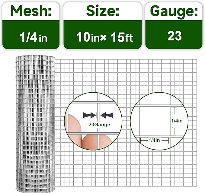 Hardware Cloth 1/4inch 10inx15ft 23 Gauge,Double-Layer Hot-Dip Galvanizing After Welding,Chicken Wire Netting Garden Wire Fencing Rabbit Snake Fence Chicken Coop Plant Supports