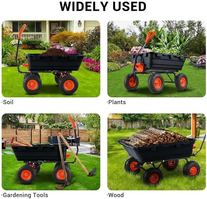 Garden Dump Cart 900 LB Heavy Duty,10" Pneumatic Tires & 180° Adjustable Handle with Quick Release, Utility Yard Wagon for Farm and Outdoor Use