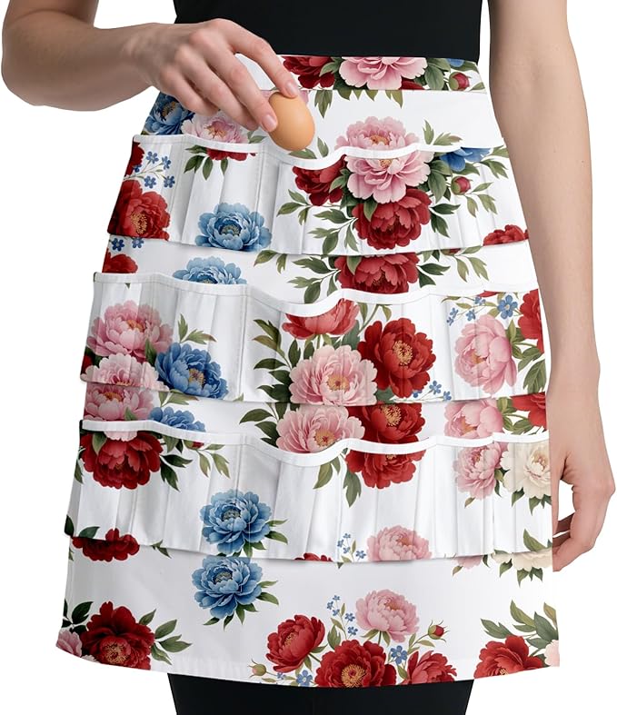 CUTHOLLOW Egg Collecting Apron for Adlut, Housewife, 18 Deep Pockets Hen Egg Gathering Holding Apron with Elastic Closures