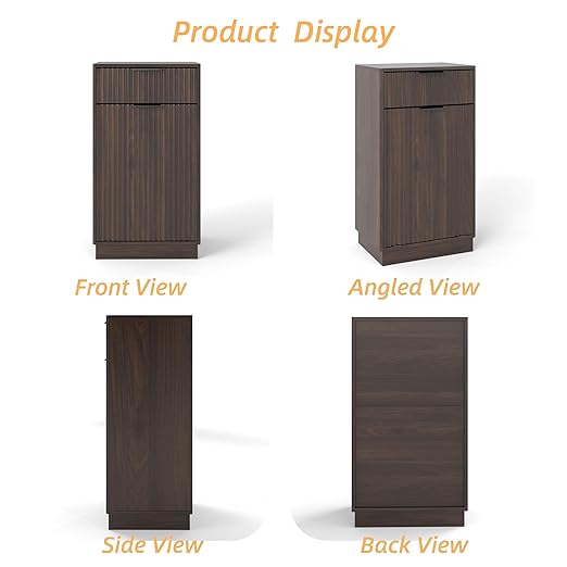19 Inch Single 10 Gallon Wood Grain Tilt-Down Trash Can Cabinet with Storage Drawer,Wood Grooved Recycling Cabinet with Wave Texture Hidden Pull-Out Trash Can for Kitchen,Bathroom (Walnut-01)