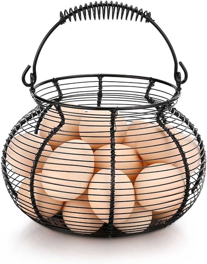 Flexzion Egg Basket for Gathering Fresh Eggs - Round Wire Countertop Egg Holder with Spring Handles, Farmhouse Chicken Eggs Collecting Basket Storage for Countertop, Kitchen Organizer and Farm (Black)