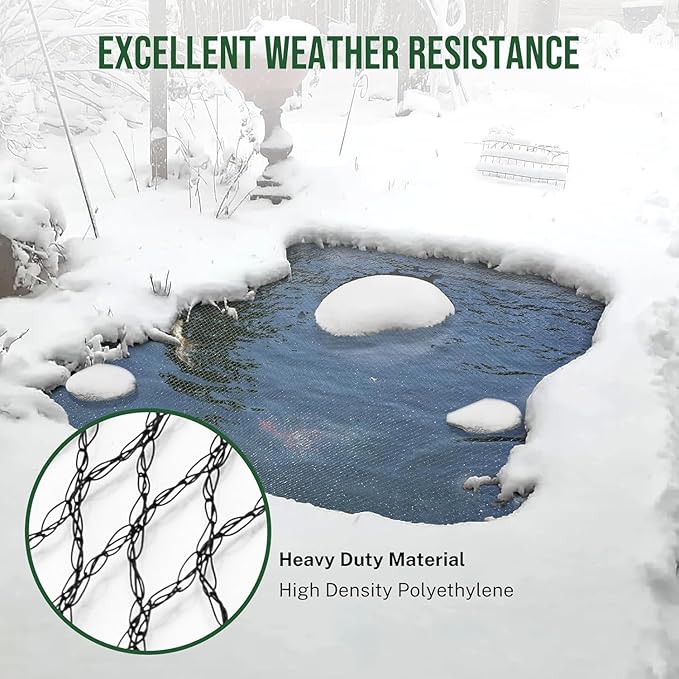 10 x 10Ft Pond Netting for Koi Ponds, Koi Pond Net Cover, Durable & Sturdy Pond Netting Cover for Leaves, Protect Koi Fish Against Herons, Raccoons, Cats & Predators, 12pcs Stakes Included