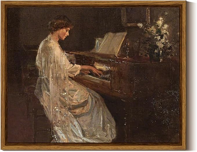 InSimSea Framed Canvas Wall Art Mid Century Lady Playing Piano Classical Painting Vintage Canvas Prints Wall Decor for Bedroom Bathroom Decor Retro Portrait Wall Art 8x10in