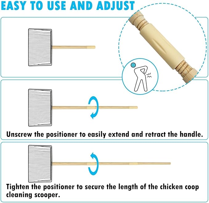 PINVNBY Chicken Poop Scooper 3 in 1 Stainless Steel Litter Scooper with Adjustable Handle (18.1" to 42.1") Sand Sifting Shovel for Chicken Poop & Pet Waste Cleaning