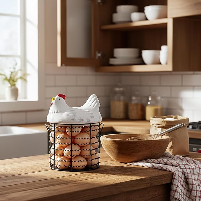 Hiceeden Metal Wire Chicken Egg Storage Basket, Decorative Fresh Egg Holder with Ceramic Chicken Design Lid, Portable Round Collectiong Basket for Kitchen Supplies, Pantry