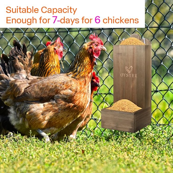 2 Pack Wooden Chicken Feeder, Oyster Shell and Grit Feeder Hanging/Ground Chicken Coop Feeder with Durable Iron Construction for Hens & Chicks