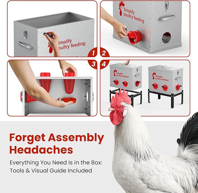 40 lb Large Automatic Chicken Feeder with 6 No-Waste Ports – Outdoor Metal Chicken Feeders with Adjustable Stand, Rodent-Resistant Design & Riveted Handles for Chickens, Ducks & Poultry