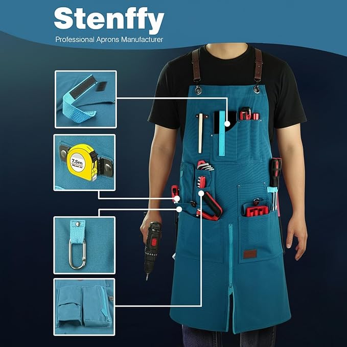 Woodworking Apron, Tool Apron, Canvas, Multiple Pockets, Adjustable Zipper, Metal Ring, Tape Measure Clip, Plus Size, Blue