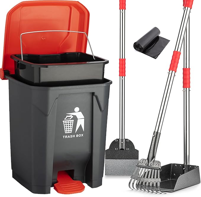Dog Pooper Scooper Set,Dog Poop Tray and Rake Set for Large & Small Dogs Dog Pet Waste Tool 15 Litre Step Dog Poop Trash Can Outside W/Removable Inner Bucket with 20 Waste Bags