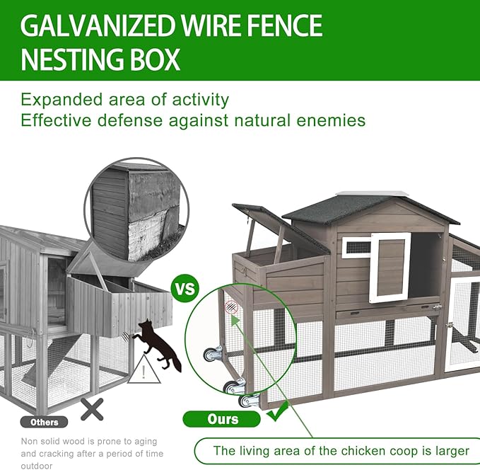 Chicken Coop with Run Mobile Large Nesting Box - Back Yard Wooden Chicken House Outdoor Poultry Cage, UV Proof Asphalt Roof