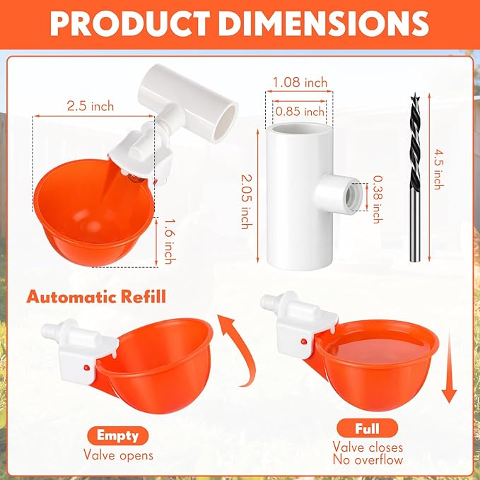 LemonRoad 30 Set Automatic Chicken Waterer Cups with 1/2" PVC Tee Fitting Chicken Drinking Bowl, Poultry Drinker Mounting Hole Opener,Water Dispenser Feeder for Duck, Goose, Turkey, Pigeon(Orange)
