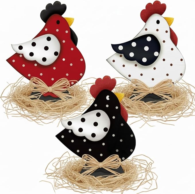 3 Pcs Rooster Decor Chicken Table Sign Easter Wooden Chickens Centerpieces with Raffia Farmhouse Rooster Birthday Party Decor Hen for Home Table Desk Door Shelf Chicken Party Easter Gift